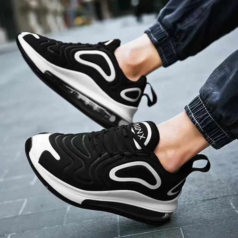 Men's black casual lace-up sneakers with round toe and thick sole design