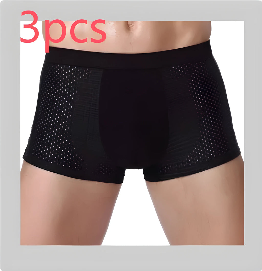 Men's solid colour modal boxer briefs with U convex design in black, shown flat.