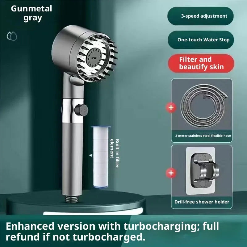 Supercharged handheld shower head set in grey finish with LED lighting and universal interface on stainless steel pipe