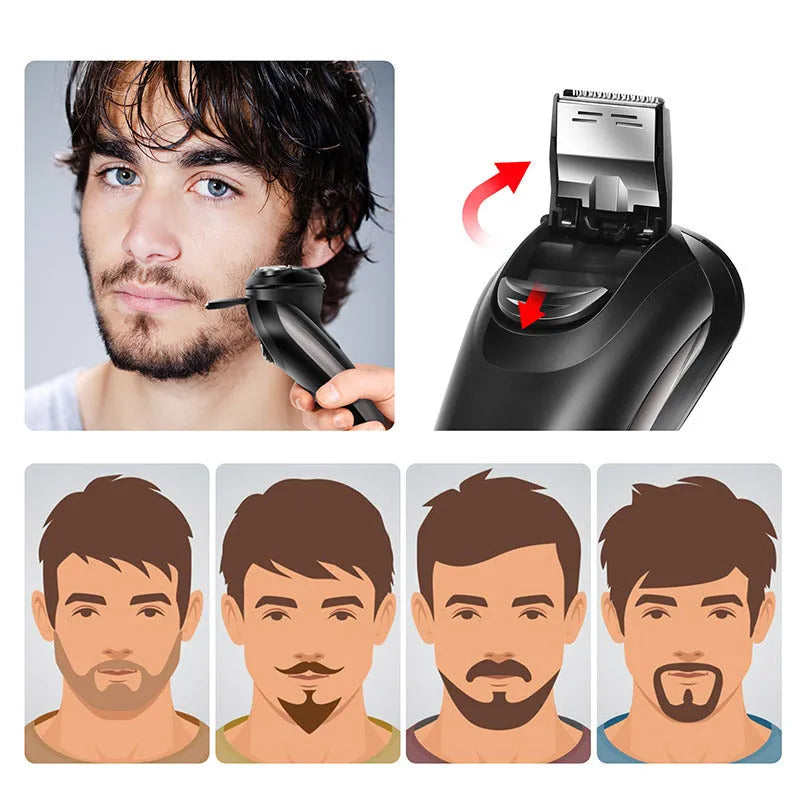 Black electric shaver with three rotating heads, pop-up sideburn trimmer, USB charging cable, and cleaning brush on a grey background.