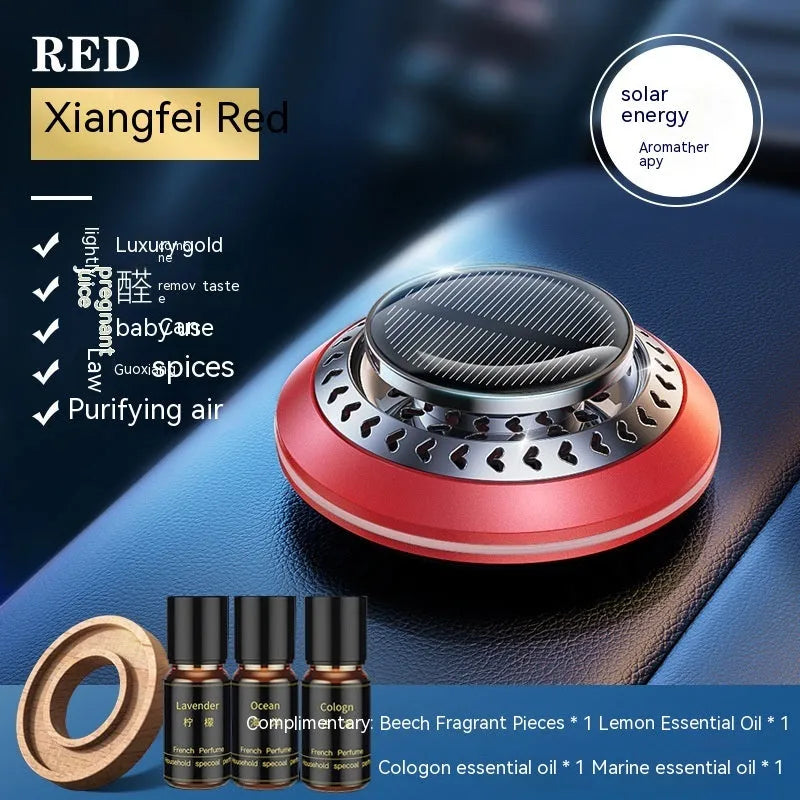 Solar-powered aluminium alloy car air freshener with essential oil and fragrance slices for odour removal