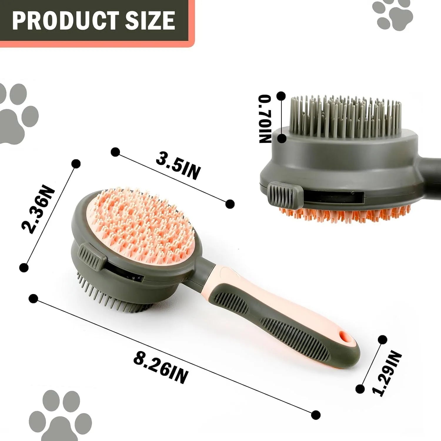 Green and pink double-sided cat brush with release button and flea comb