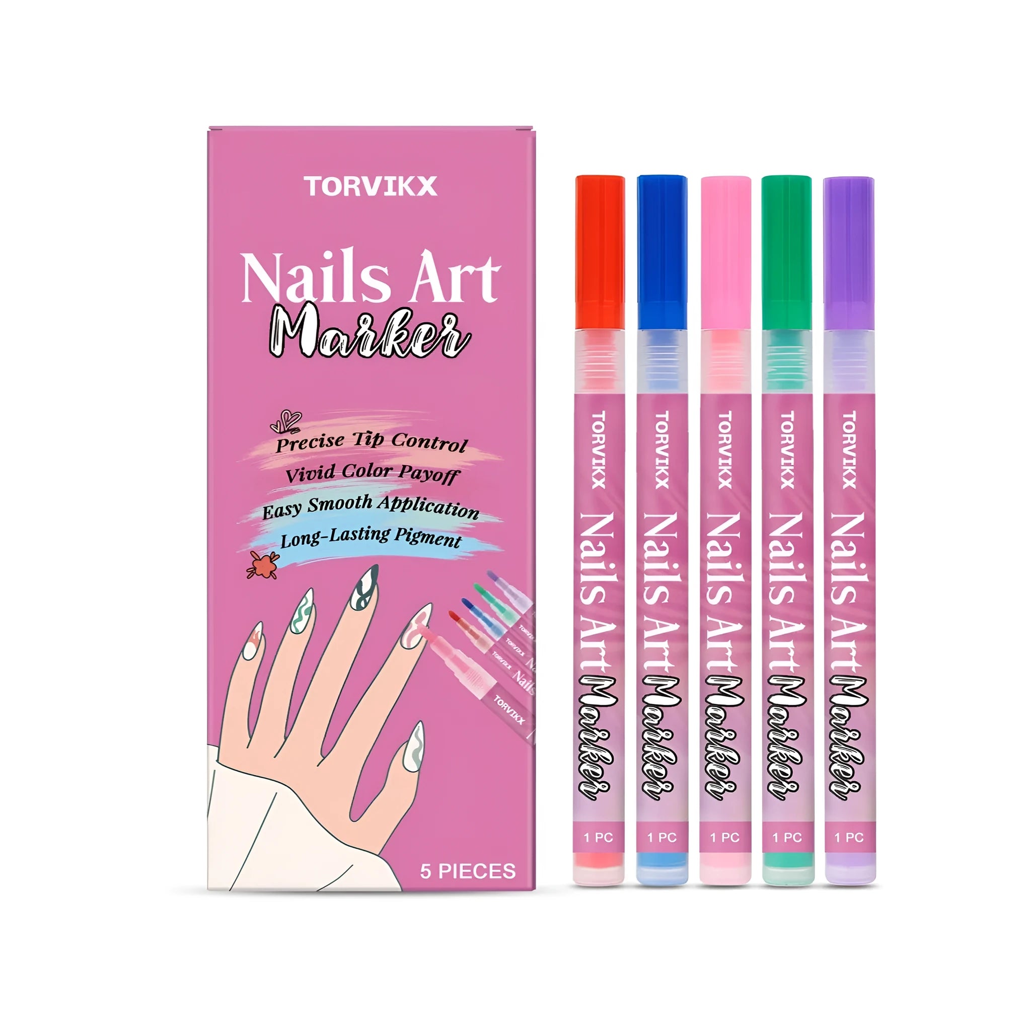 Set of five manicure art graffiti pens for nail decoration in red, blue, pink, violet, and green.