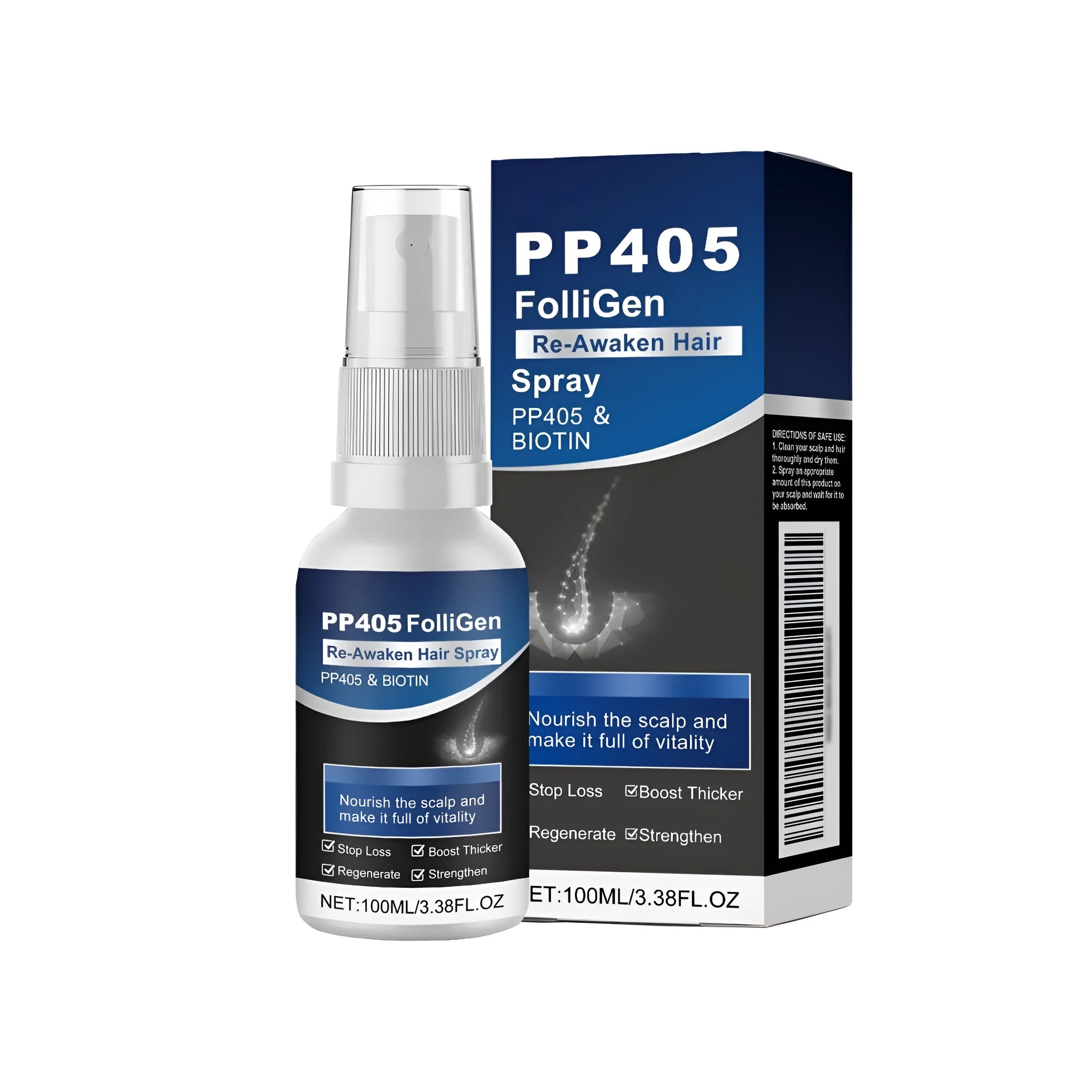 100ml hair nourishing spray bottle with ingredients including ginger oil, rosemary oil and biotin