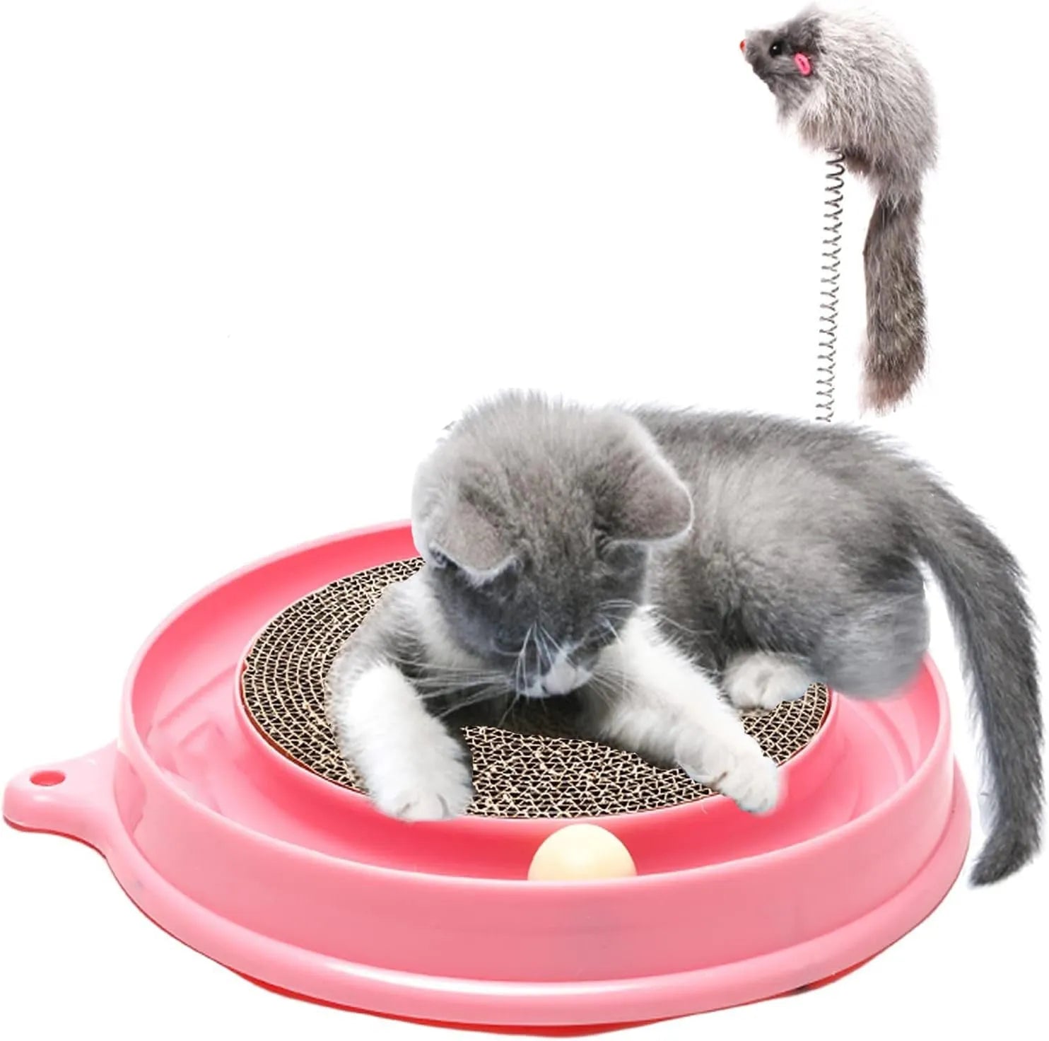 Blue circular cat scratcher with ball track and replaceable cardboard scratching surface