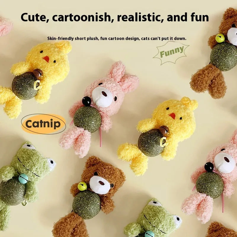 Brown bear plush catnip toy with mint ball centre and bell for feline dental care and play