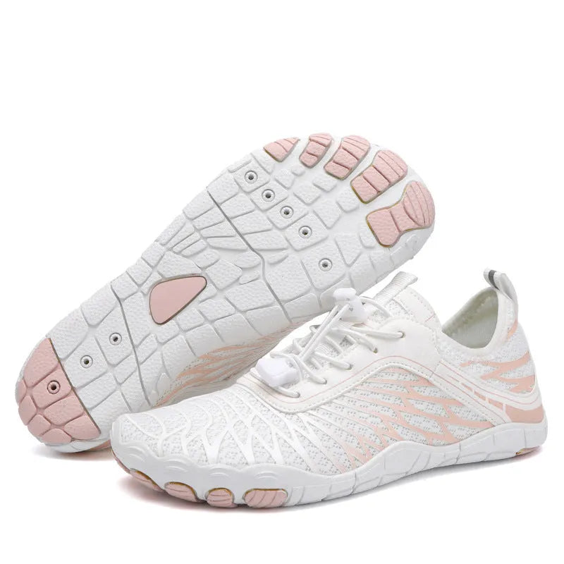 White lace-up casual shoes with rubber sole showing front and side views