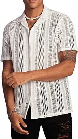 Men's white knitted short-sleeve button shirt with jacquard texture in cardigan style