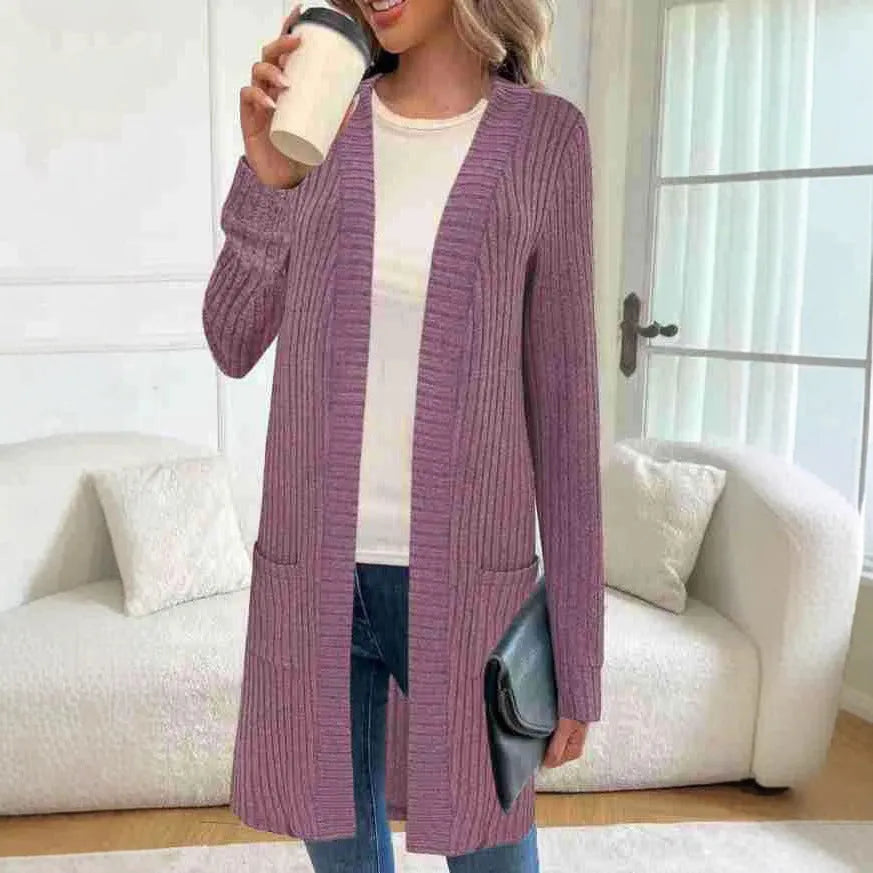 Loose fit grey polyester knitted cardigan jacket with long sleeves and patch pockets