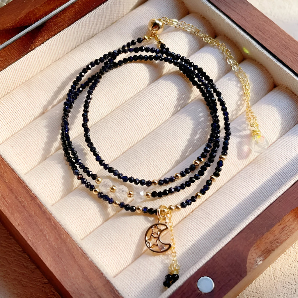 Blue sand stone three-ring women's bracelet set with gold-toned metal accents