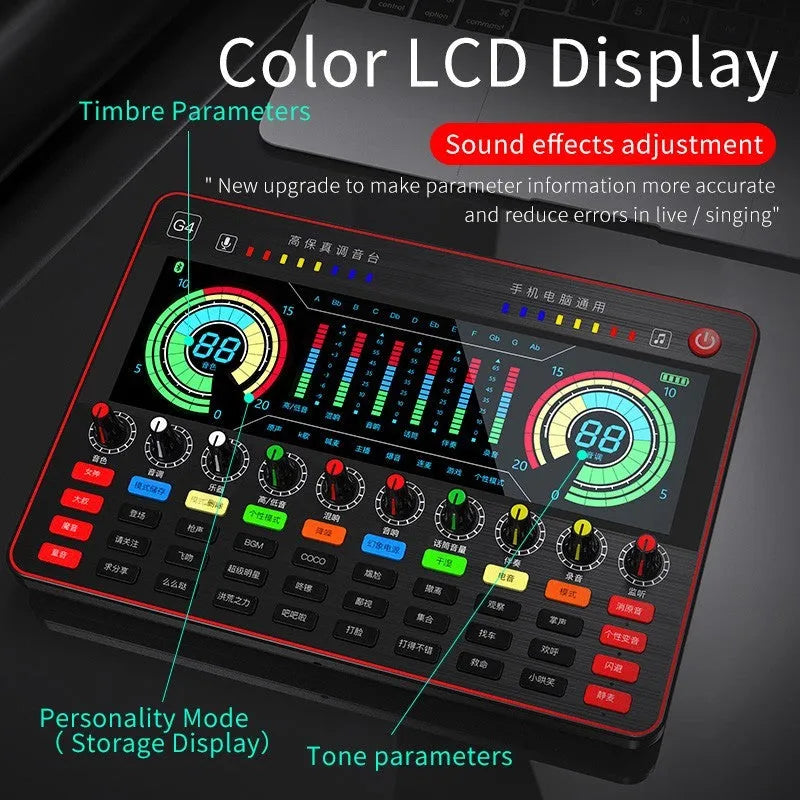 G4 professional sound card set with LCD screen, microphone, remote control, and cables on a desk.