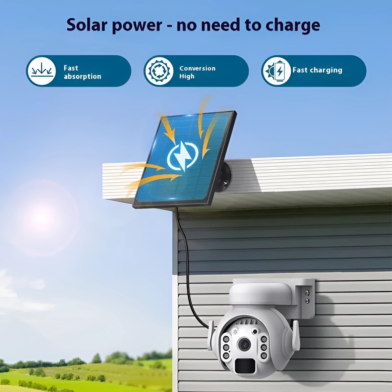 Solar panel security camera in camouflage finish for outdoor surveillance with 3MP sensor.