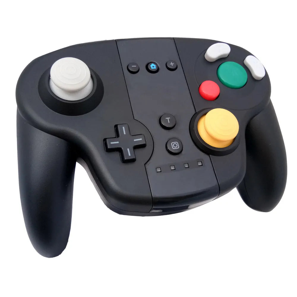 Black wireless gamepad for Nintendo Switch and PC with Bluetooth, NFC, and gyroscope functions.