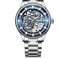 Men's luminous star mechanical watch with stainless steel strap and transparent case back, 16mm thick.