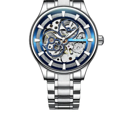 Men's luminous star mechanical watch with stainless steel strap and transparent case back, 16mm thick.