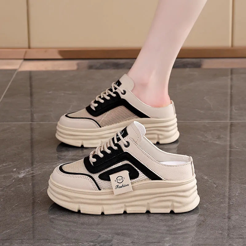 Women's mesh half slippers in black, khaki and white with round toe and rubber sole