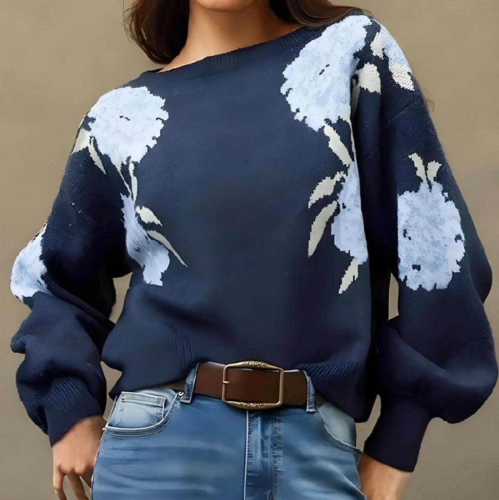 Sapphire blue women's pullover with floral jacquard pattern, loose casual fit with off-neck design