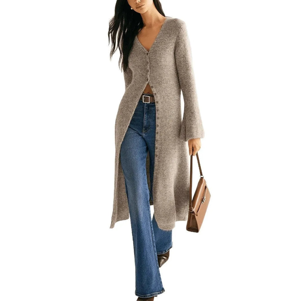 Khaki coloured long sleeve womens cardigan coat with button front in a French retro style.