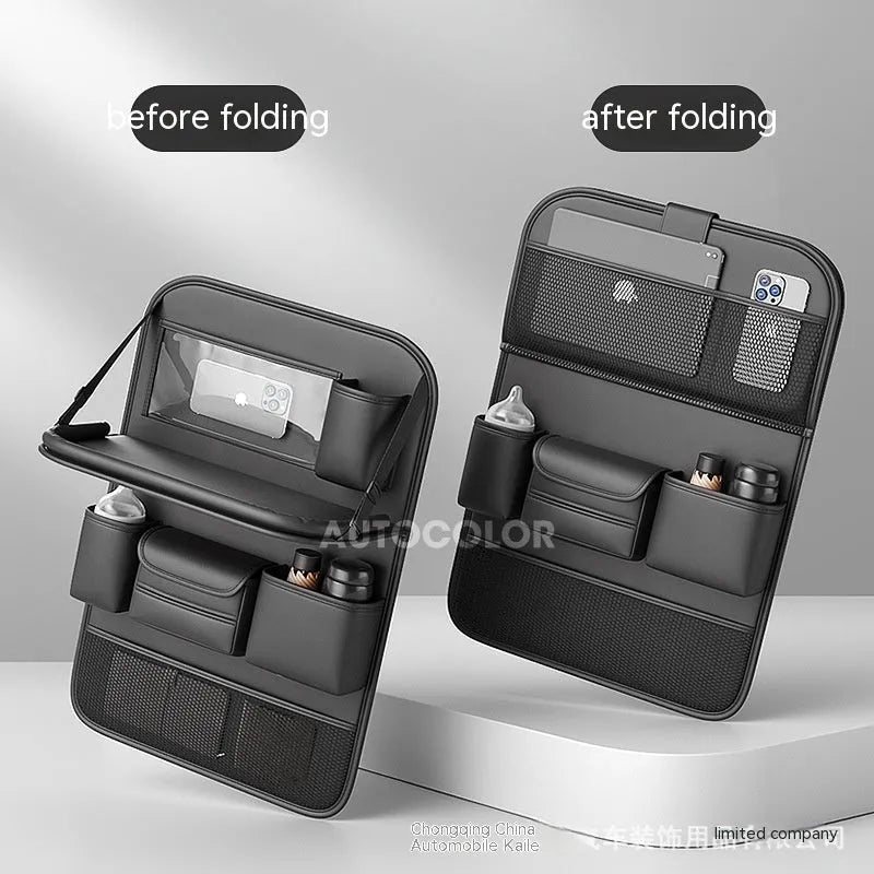 Car seat lazyback storage bag in obsidian black with foldable dining table and leather finish