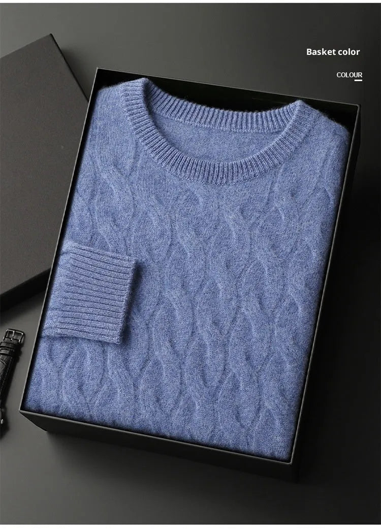 Men's thickened cashmere sweater with round neck, long sleeves, and twisted design in White, Flower Blue, Yellow Camel, Light Gray, Dark Gray, or Purple Velvet.