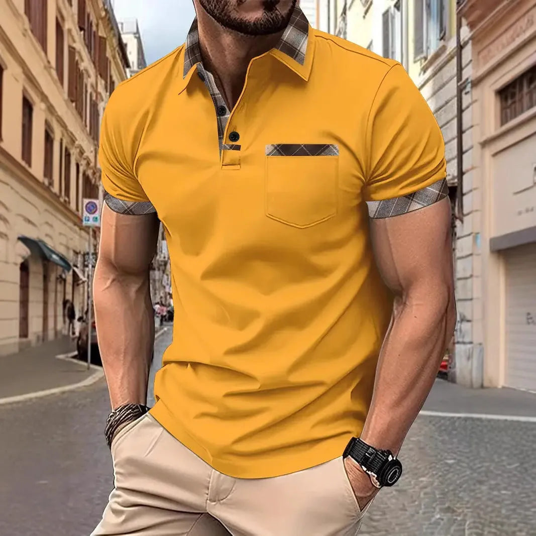 Man wearing a men's short sleeve plaid colourblock T-shirt in a solid colour.