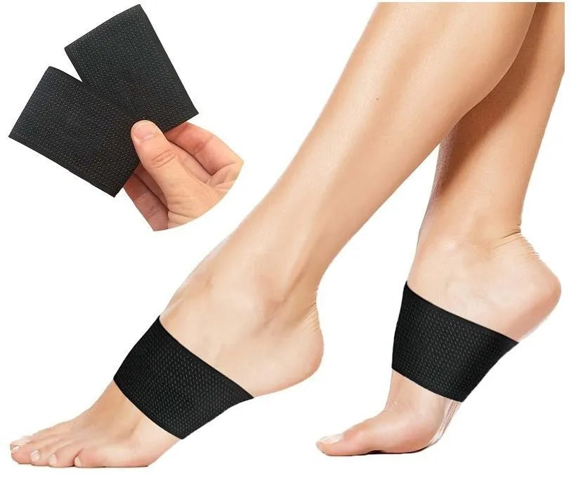 Elastic arch support bandage for flat feet with heart-shaped PU pad in two colour styles.