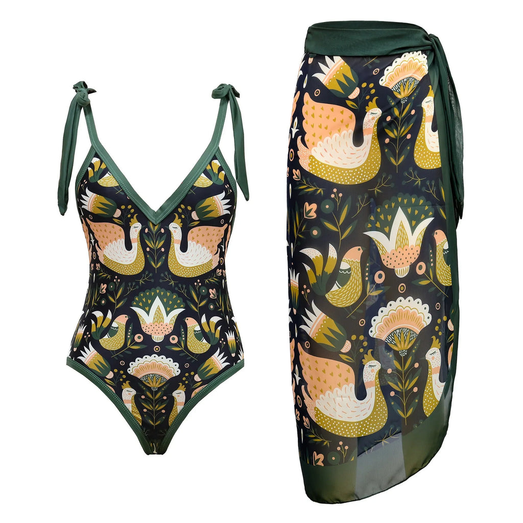 Women's solid colour one-piece swimsuit with spaghetti straps and a matching skirt