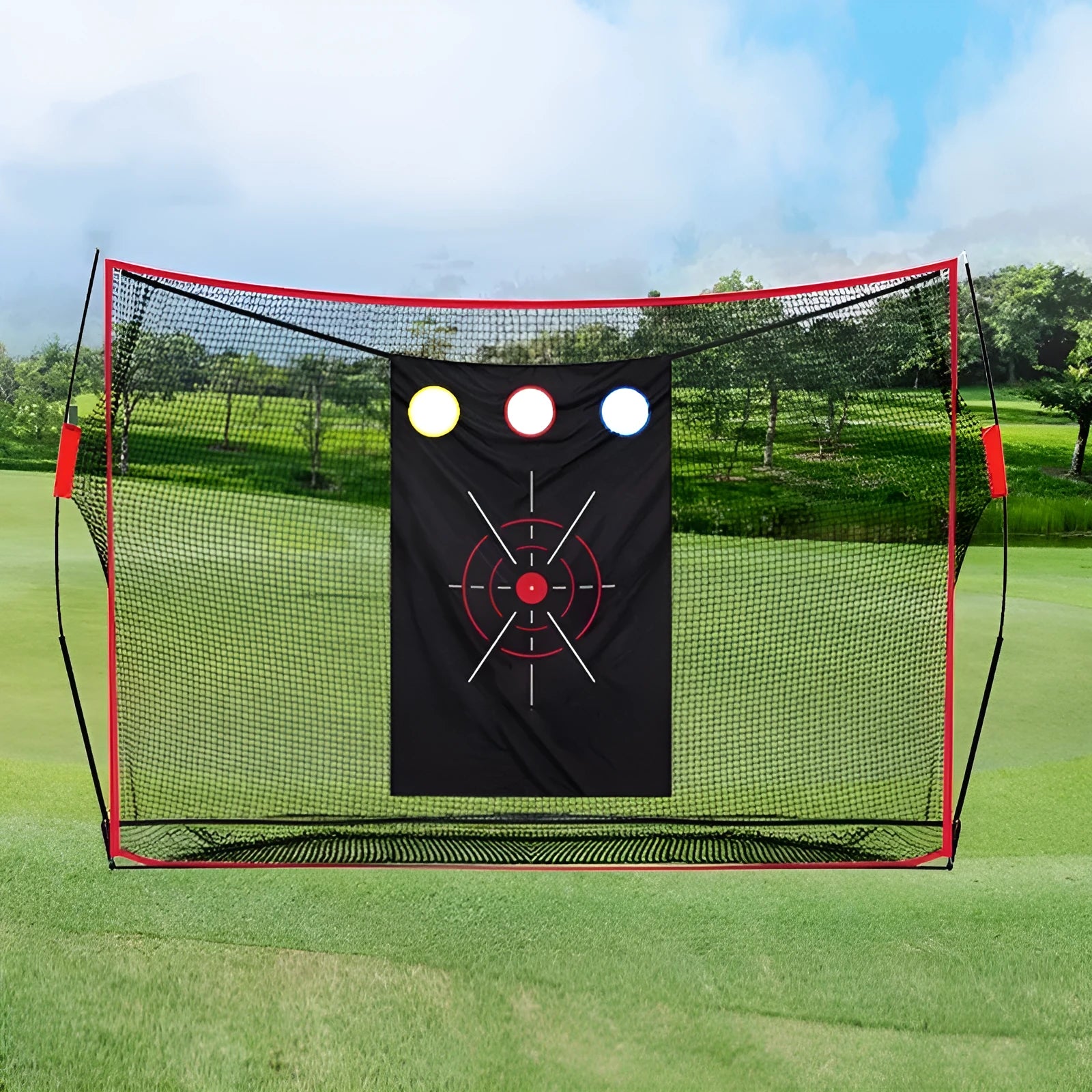 Golf swing wedge training net with straw practice mat and practice balls