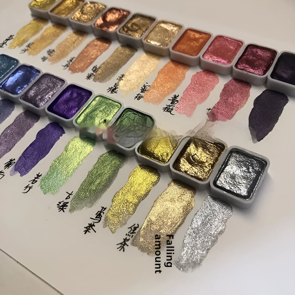 Traditional Chinese painting mineral pearlescent watercolour set showing warm colours, cold colours and metallic paints