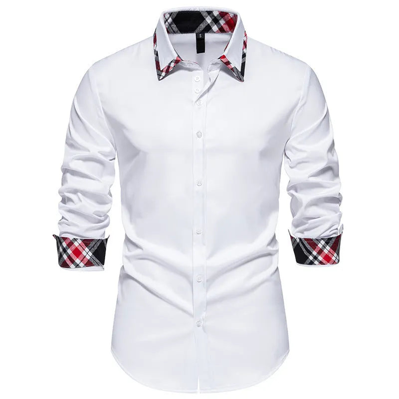 Men's blue plaid long sleeve shirt with a contrast triangle collar on a hanger.