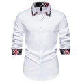Men's blue plaid long sleeve shirt with a contrast triangle collar on a hanger.