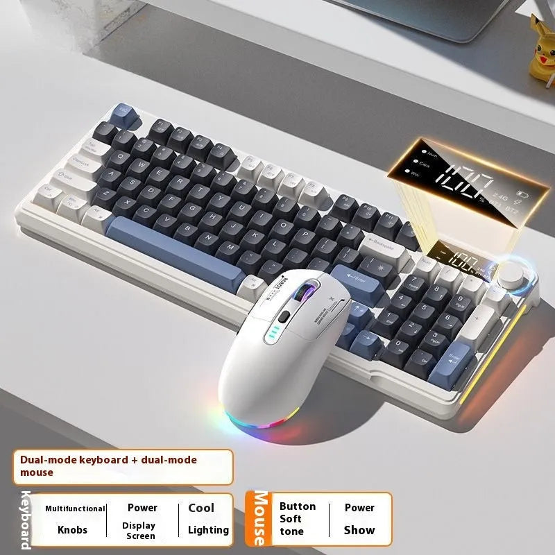 Blue and white wireless mechanical-feel keyboard and mouse set on a wooden desk