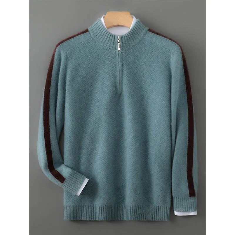 Slim-fit half-zip knitted sweater in sheep wool, shown in raw velvet camel colour