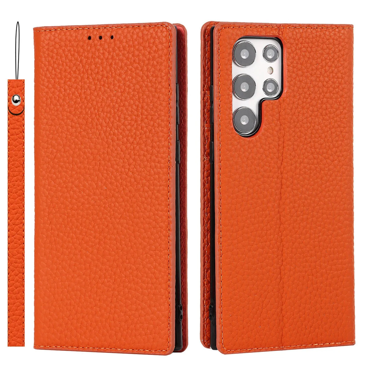 Genuine leather litchi texture phone case for Samsung Galaxy S24 Ultra in black with textured grip surface