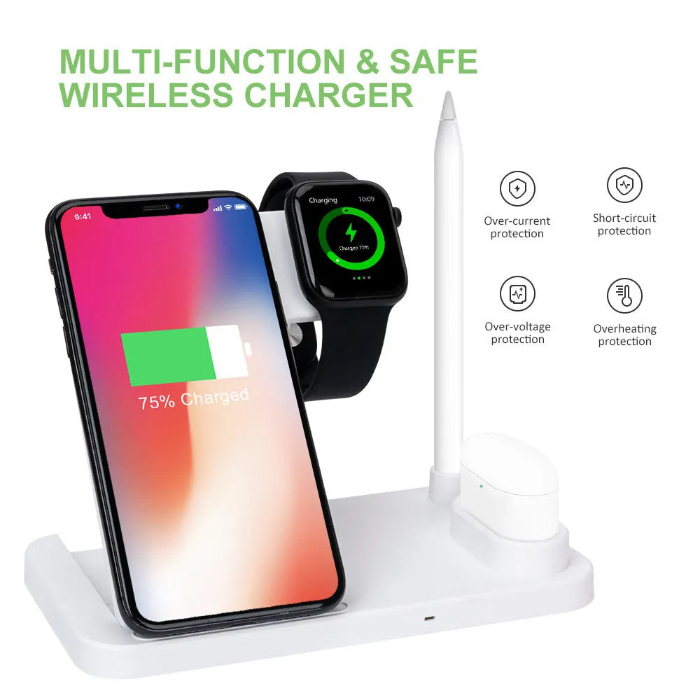 Foldable 4-in-1 wireless charger showing vertical orientation charging Apple iPhone AirPods and Apple Pencil