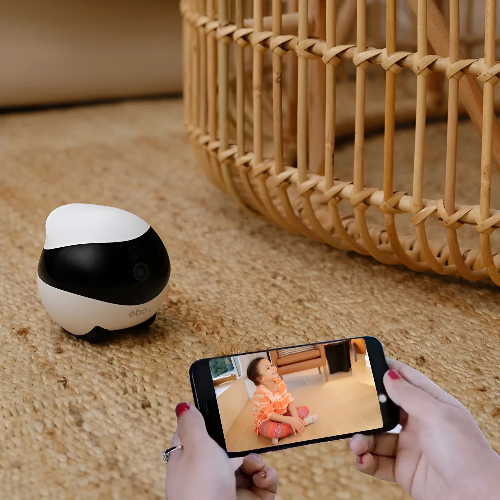White smart home mobile surveillance robot camera on a charging dock.