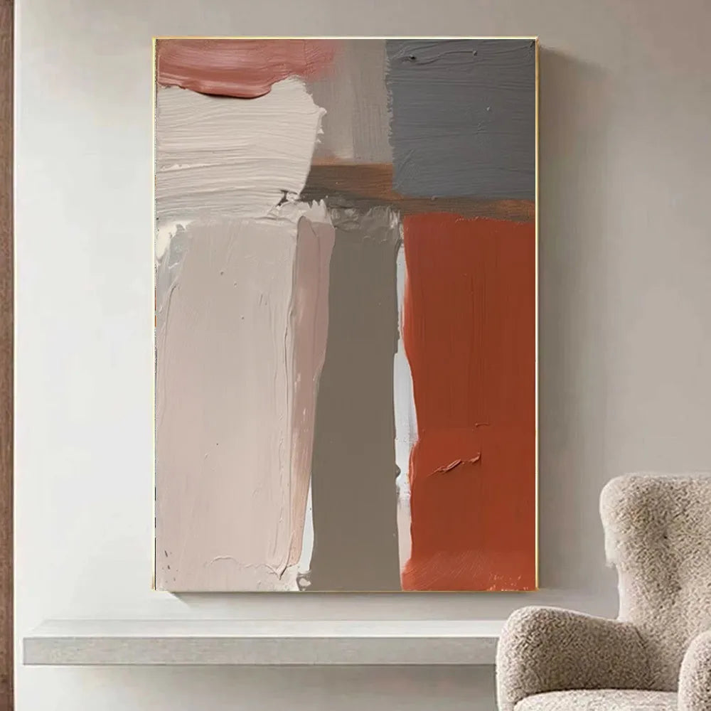 Handmade abstract oil painting on canvas in Morandi colours, rolled frameless vertical wall art