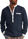 Men's long sleeved henry shirt cotton blend solid colour pullover button collar