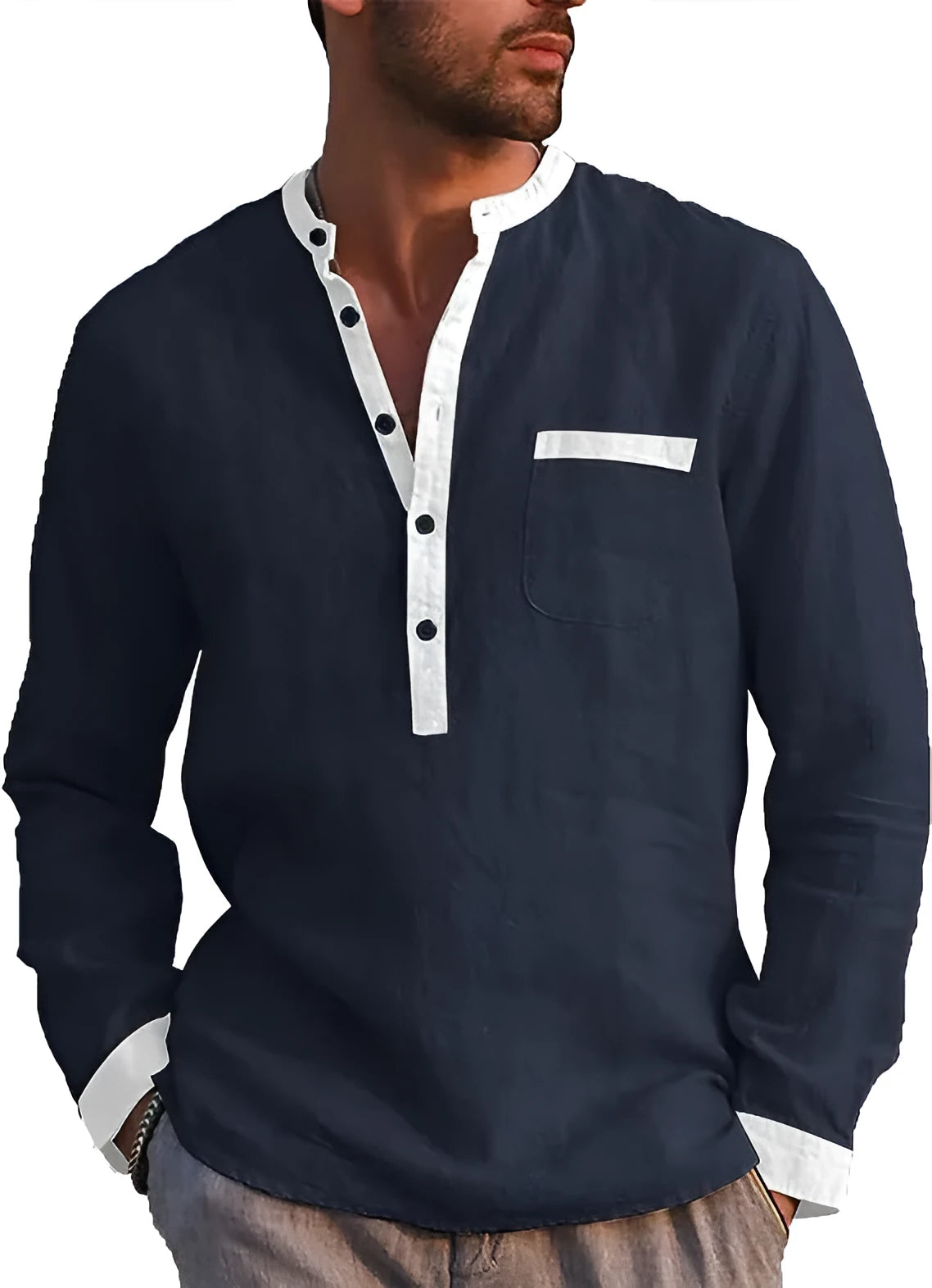 Men's long sleeved henry shirt cotton blend solid colour pullover button collar