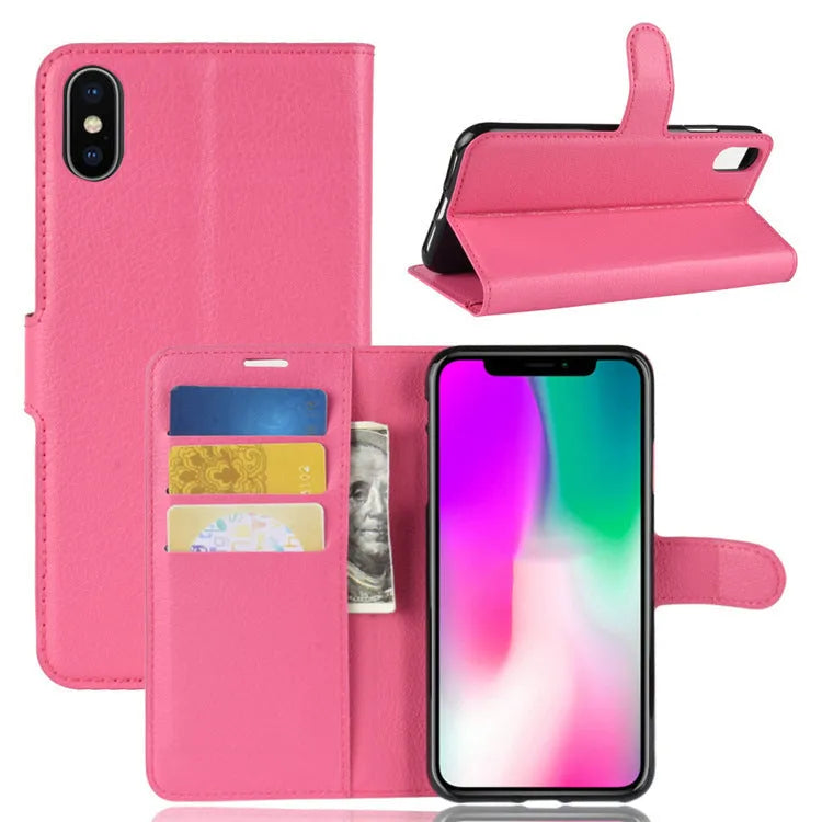 Litchi pattern PU leather flip case for iPhone in purple, red, and rose red, clamshell style with textured finish.