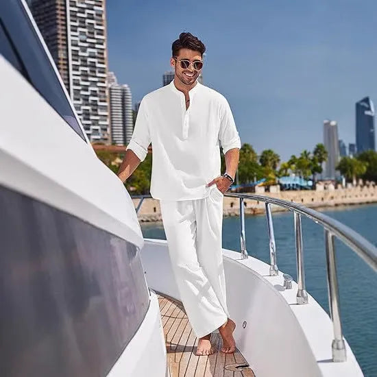 Men's cotton casual suit in solid colour with long sleeves and trousers for spring and autumn leisure wear