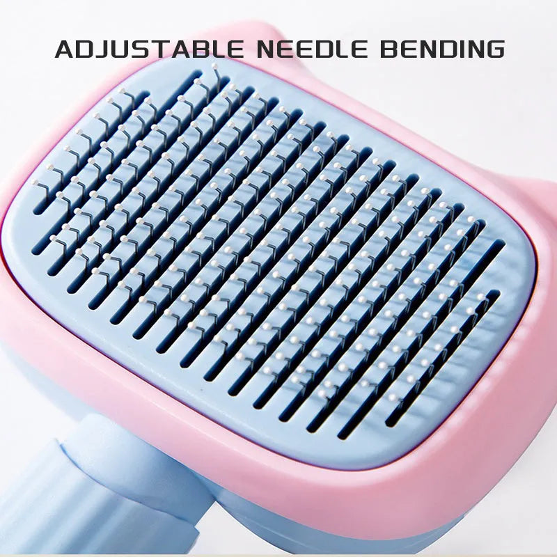 Blue and green pet grooming brush with a double-sided head for deshedding and dematting.