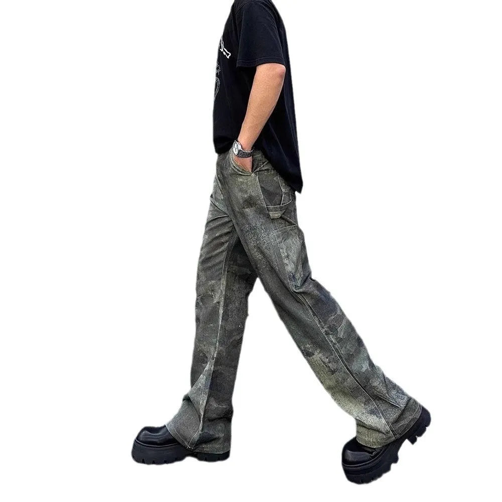 Men's straight-leg denim jeans featuring a digital camouflage pattern in picture colour.