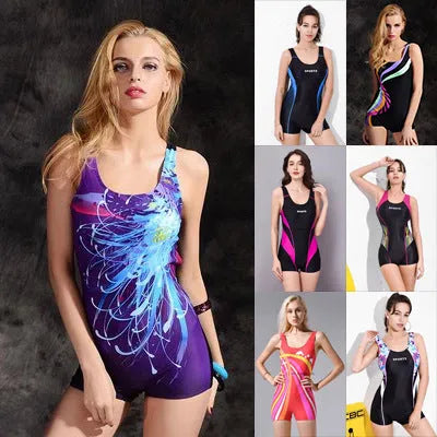 Adult women's black and blue quick-dry polyester one-piece swimsuit on a mannequin