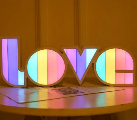 Rainbow-style LED LOVE decorative lamp with plastic shade for Valentine's Day and wedding decor
