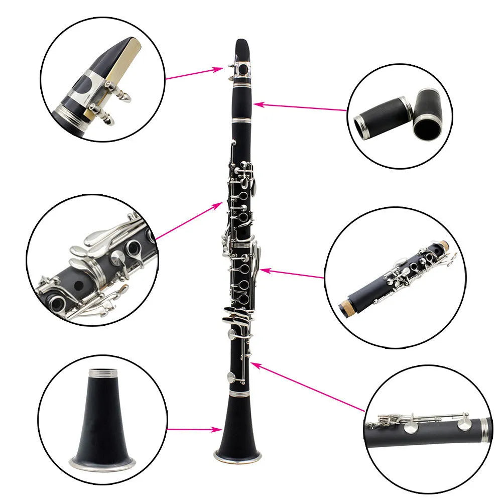 Black Bakelite 17-key B-flat beginner clarinet with nickel-plated keys and a carry bag.