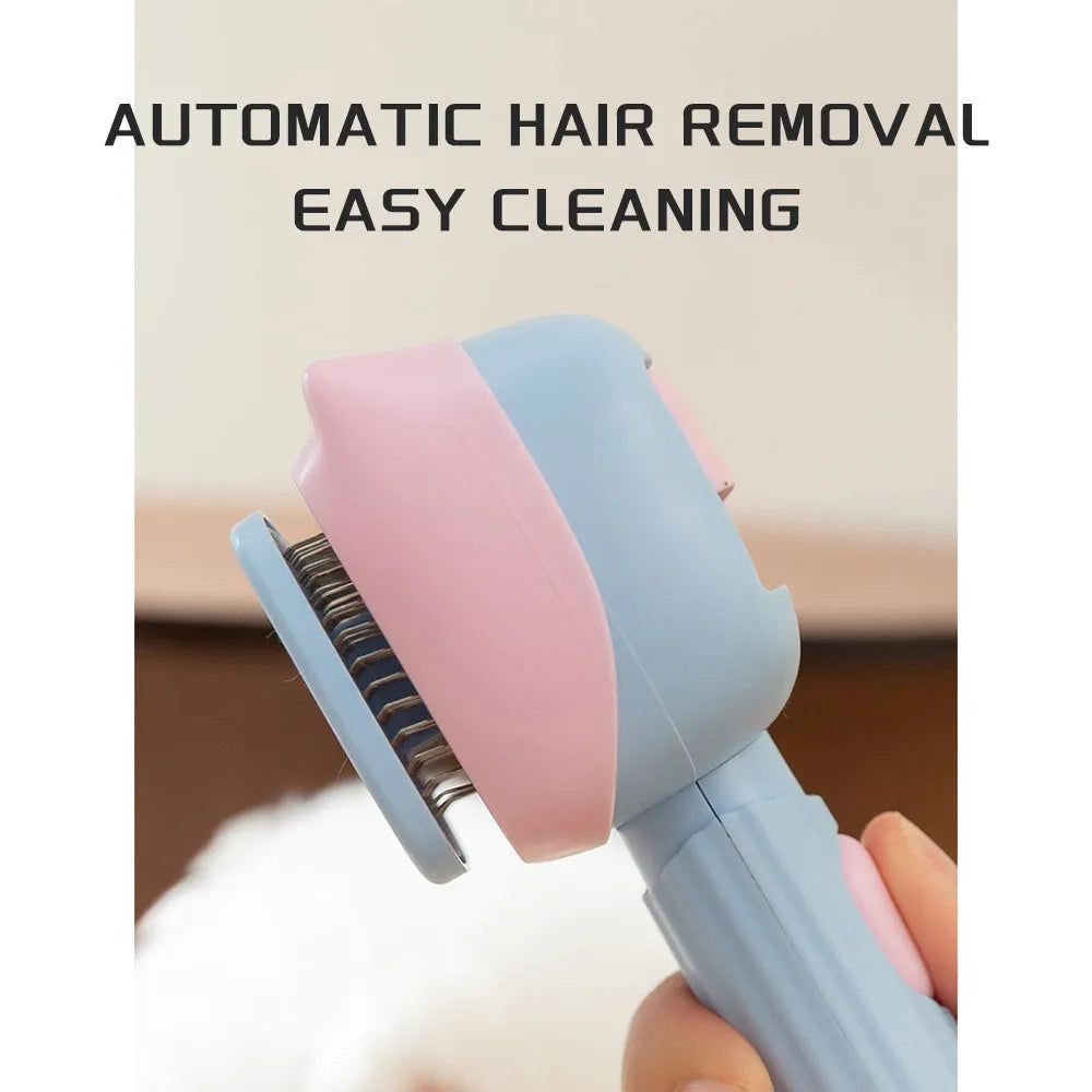Blue and green pet grooming brush with a double-sided head for deshedding and dematting.