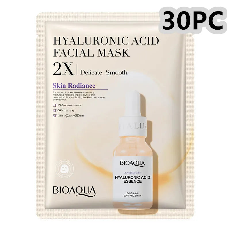 Single-use 30g gel facial sheet mask with hyaluronic acid and collagen.