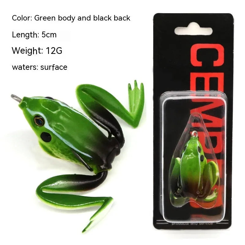 Bionic Real Thunder Frog Snake Head double hook fishing lure in grass green and black yellow dots colours