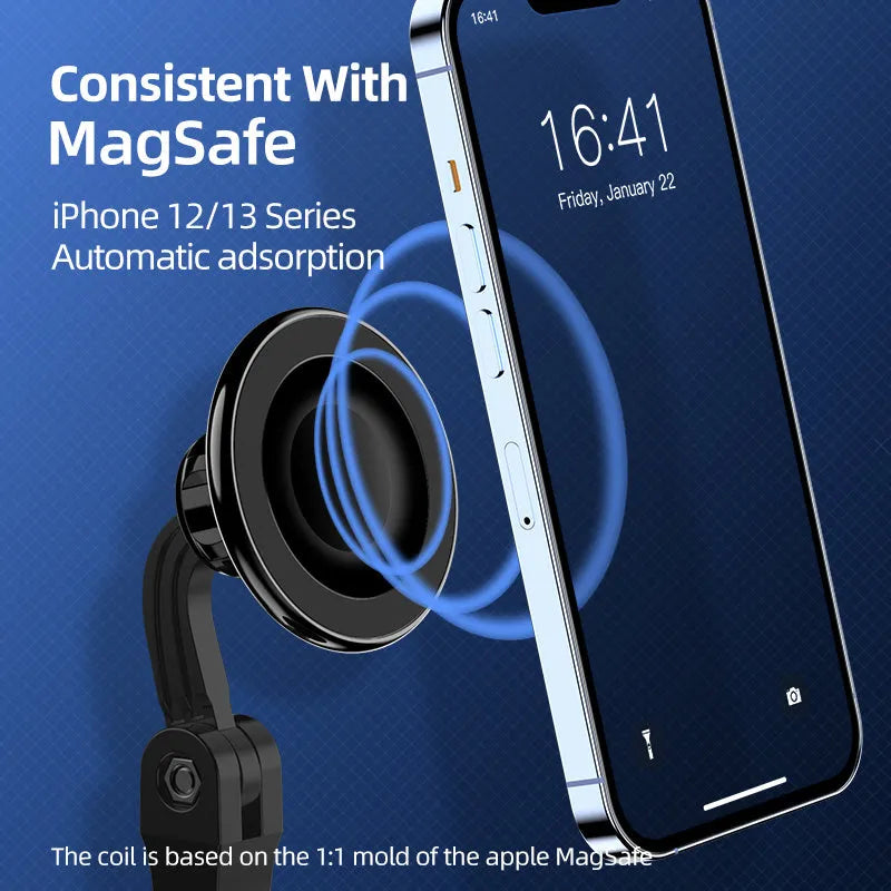Black 360-degree rotating magnetic phone holder for car dashboard and live broadcast, universal magnetic suction mount.